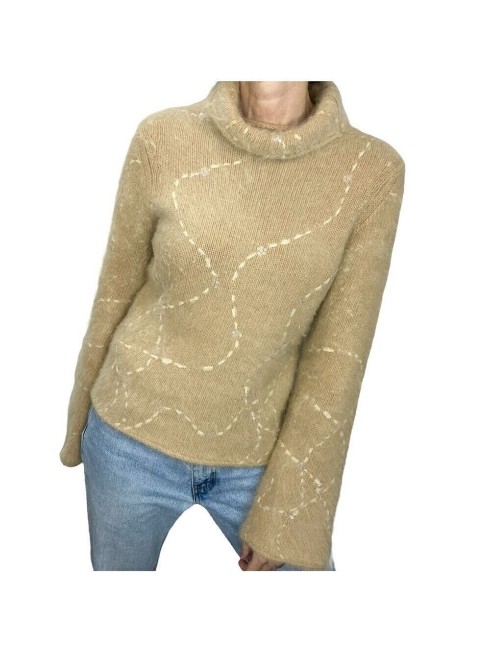 Nougat London tan Angora blend fuzzy sequin cowl neck flare sleeve sweater 3